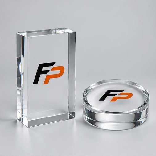 FyrePress logo concept on recognition blocks & paperweights