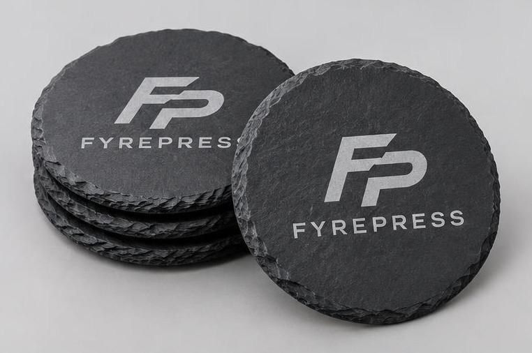 FyrePress logo concept on slate drink coasters