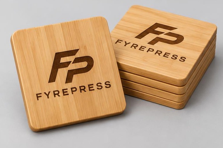FyrePress logo concept on engraved wood & bamboo coasters