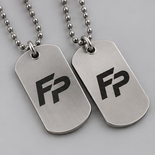 FyrePress logo concept on custom engraved dog tags
