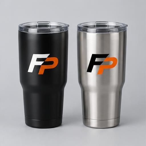 FyrePress logo concept on insulated travel tumblers