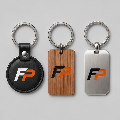 FyrePress logo concept on custom keychains (leather, wood, metal)