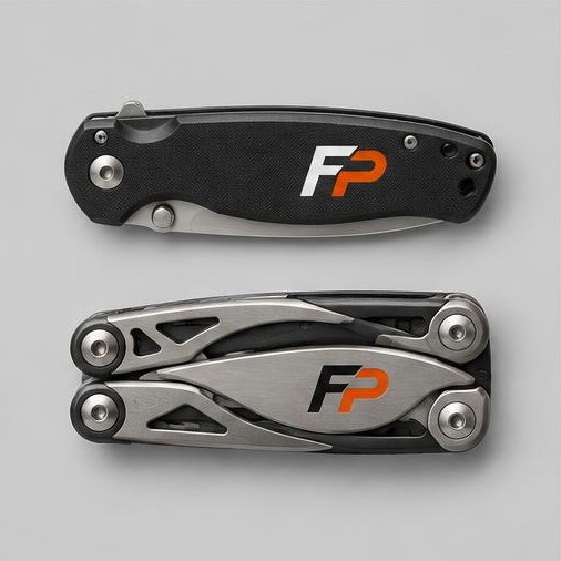 FyrePress logo concept on multitools & pocket knives