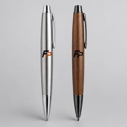 FyrePress logo concept on engraved metal & wooden pens