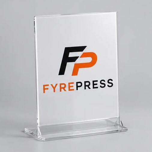FyrePress logo concept on acrylic tabletop & counter signs